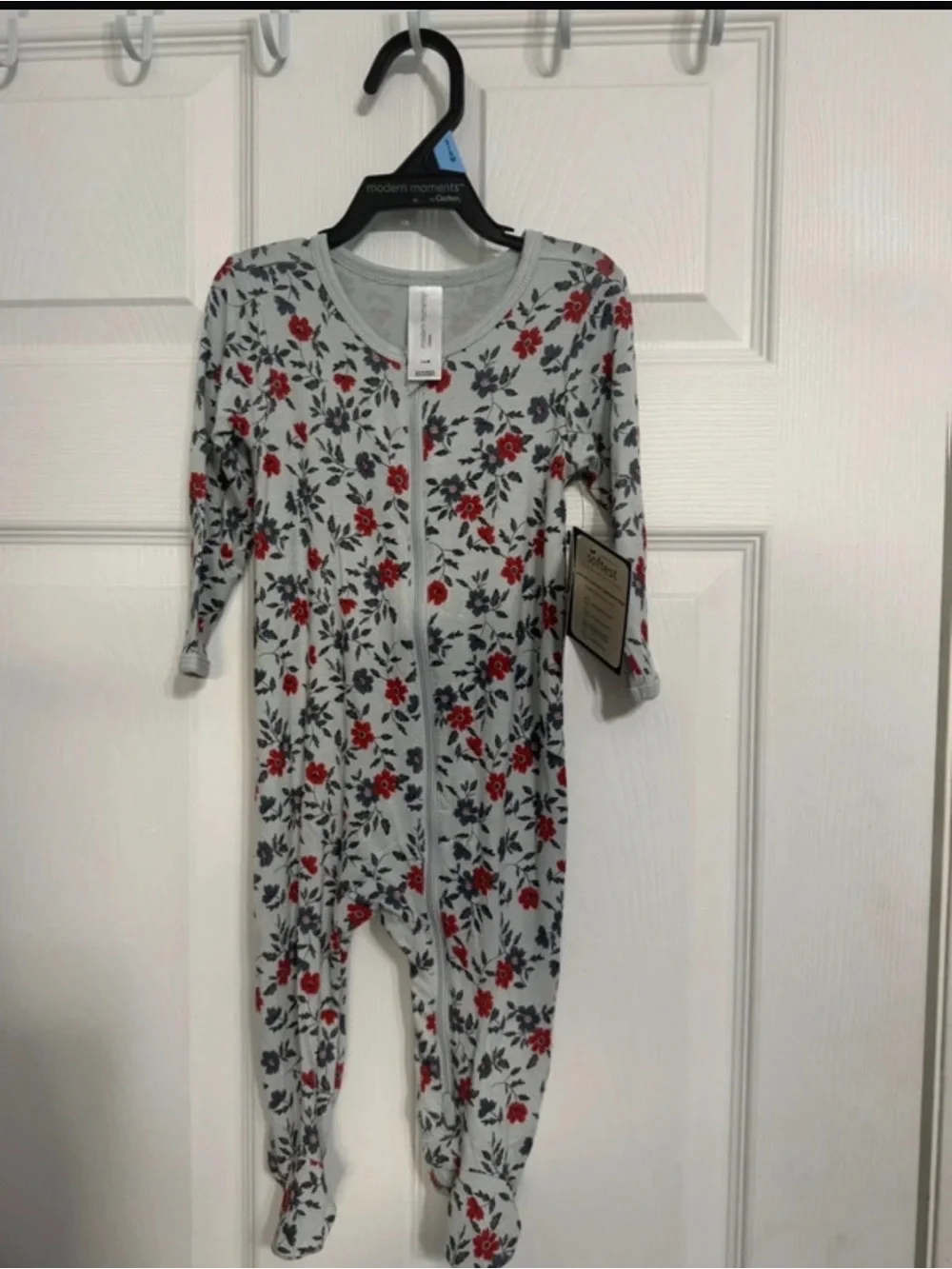 Baby Floral Footed One-Piece Pajamas in Light Gray and Red